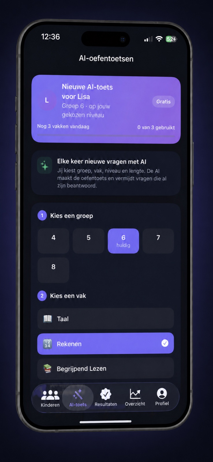 Slimmerik Trainer op een iPhone, met de instellingen voor een nieuwe AI-oefentoets