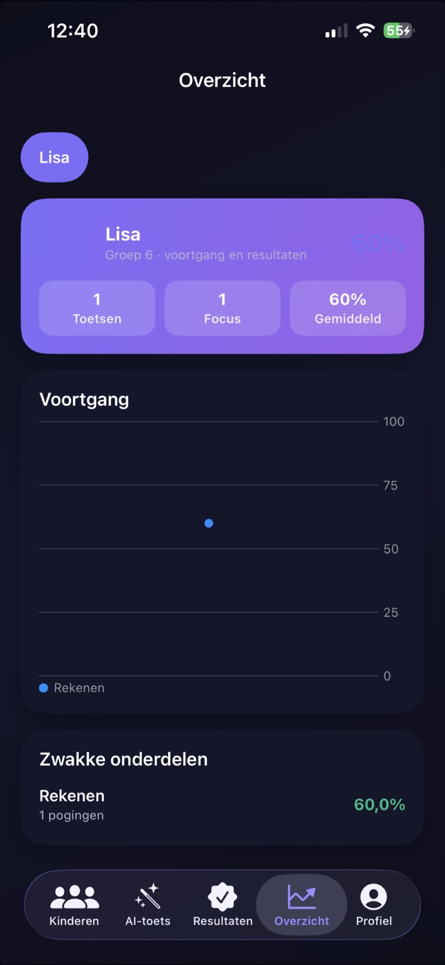 Voortgangsoverzicht van een leerling op iPhone